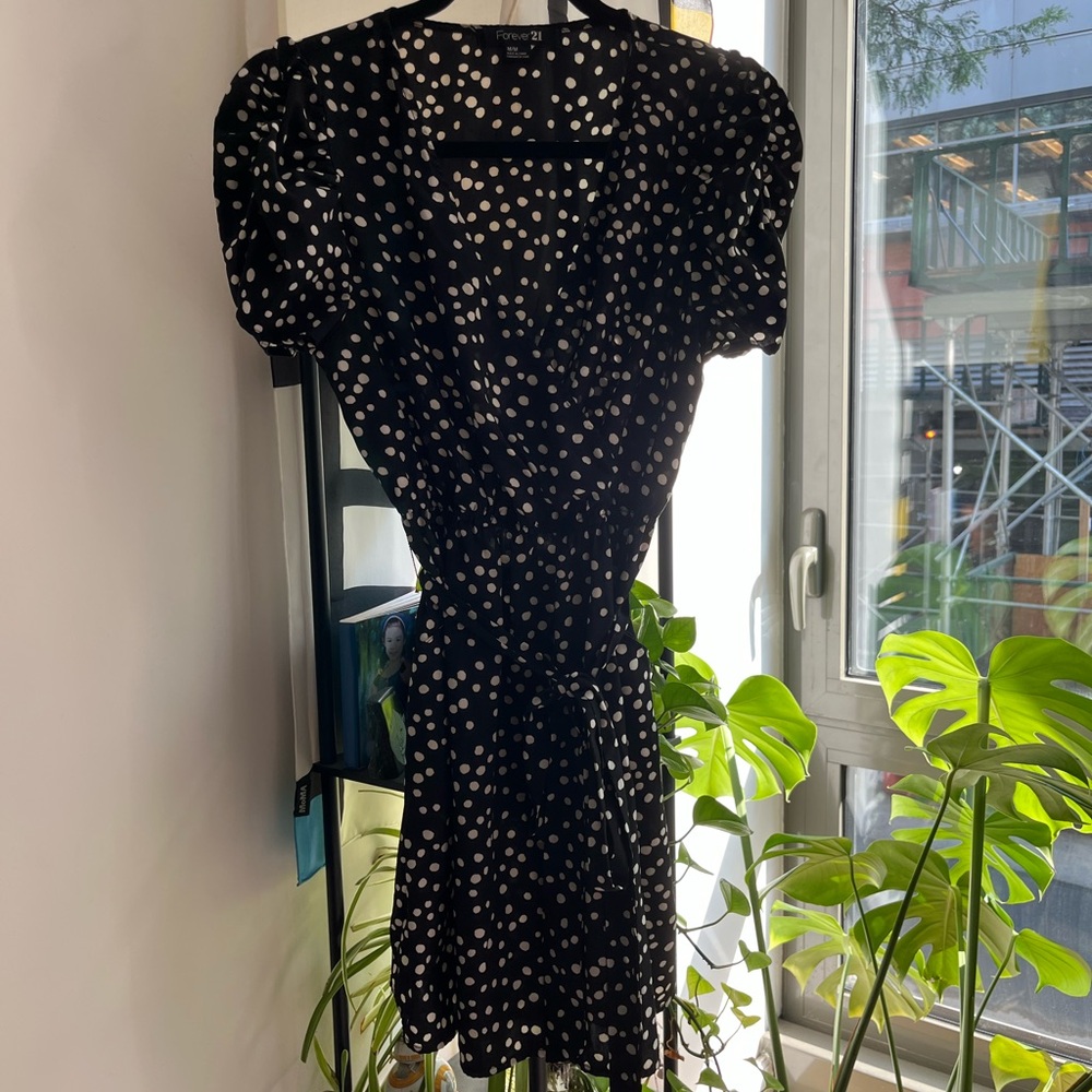 Elegant Black and White Polka Dot Mini Wrap Dress WITH POCKETS!!